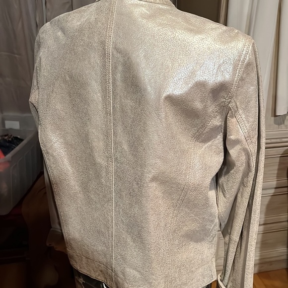 Newport News size 14 silver metallic leather jacket lined mandarin collar - Picture 2 of 14